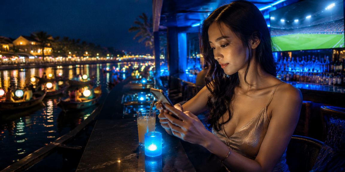 Người chơi tại Hội An tham gia bàn baccarat trực tuyến trong không gian đêm lãng mạn